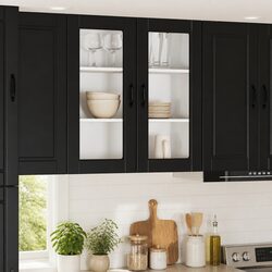 Wall Glass Cabinet PORTO Black Kitchen Storage 80x31x80cm