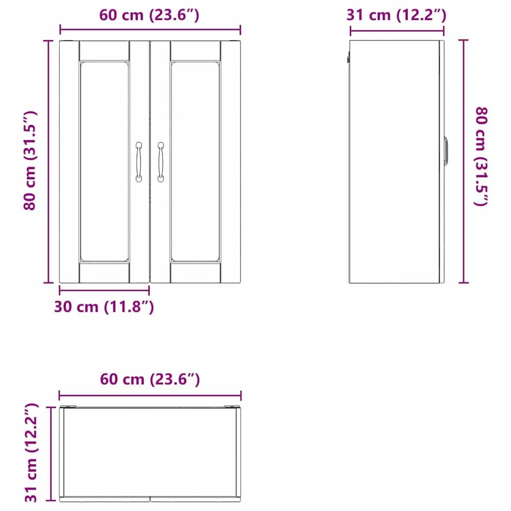 Black Wall Glass Cabinet for Kitchen Storage 60x31x80cm