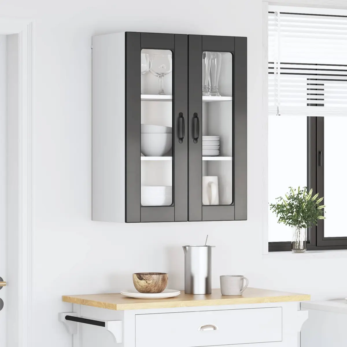 Black Wall Glass Cabinet for Kitchen Storage 60x31x80cm