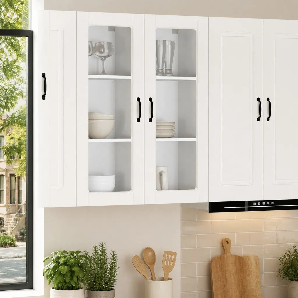 Wall-Mounted Kitchen Cabinet White 40x31x100cm Engineered Wood Storage Unit with Glass Elements