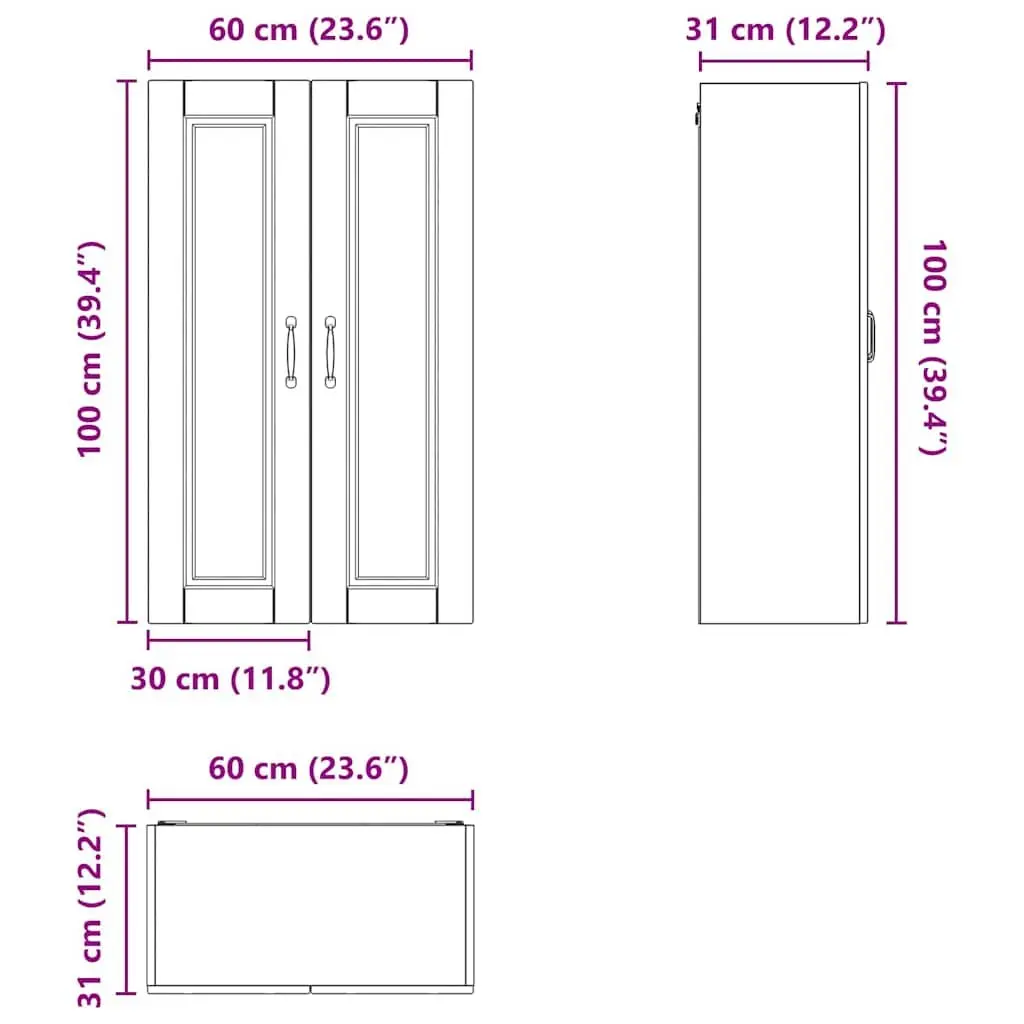 Kitchen Wall Cabinet High Gloss White 60 x 31 x 100 cm Storage Cupboard Shelves