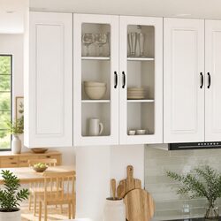 White Wall Mounted Kitchen Cabinet with Glass Shelves