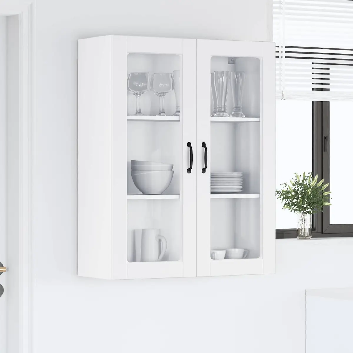 White Wall Mounted Kitchen Cabinet with Glass Shelves