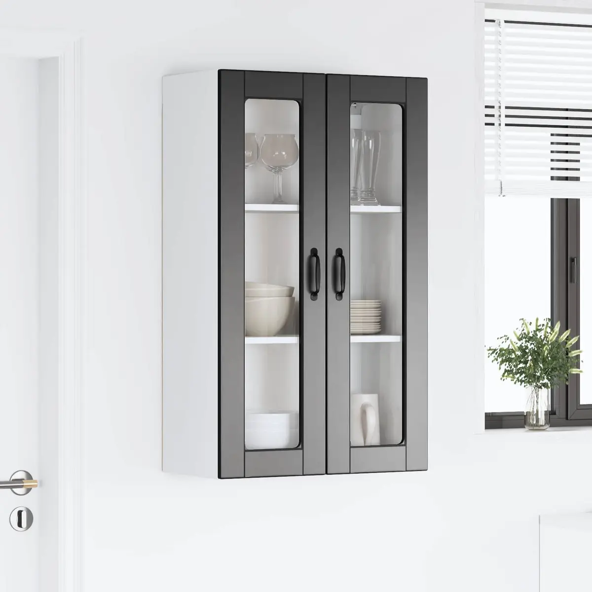 Wall-Mounted Glass Kitchen Cabinet in Black 60x31x100cm