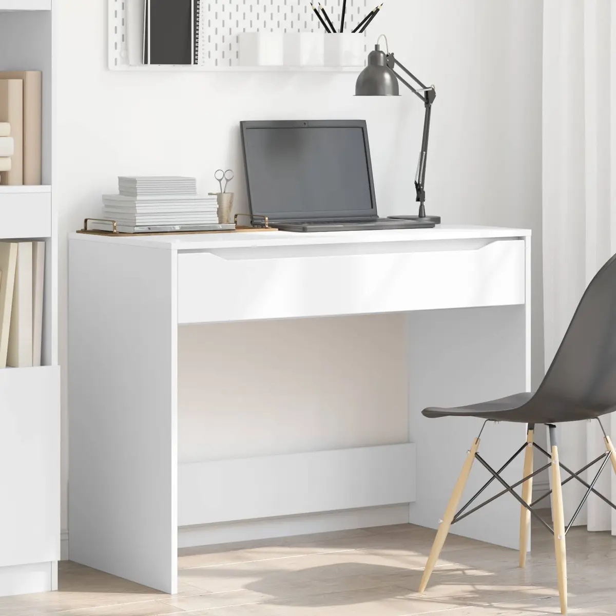 Engineered Wood Desk White Rectangular with Drawer Home Office Study