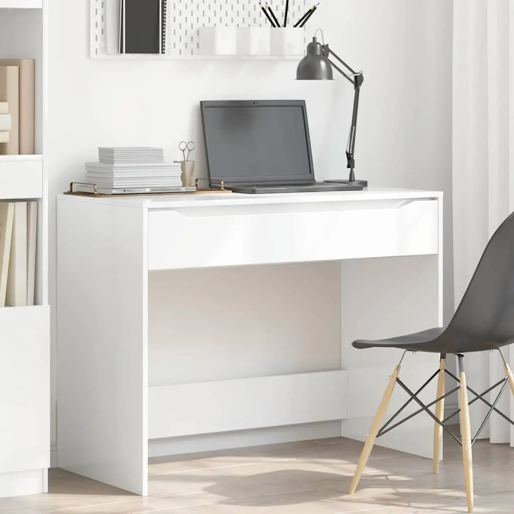 High Gloss White Desk Engineered Wood Office Home Study Computer Workspace 100cm