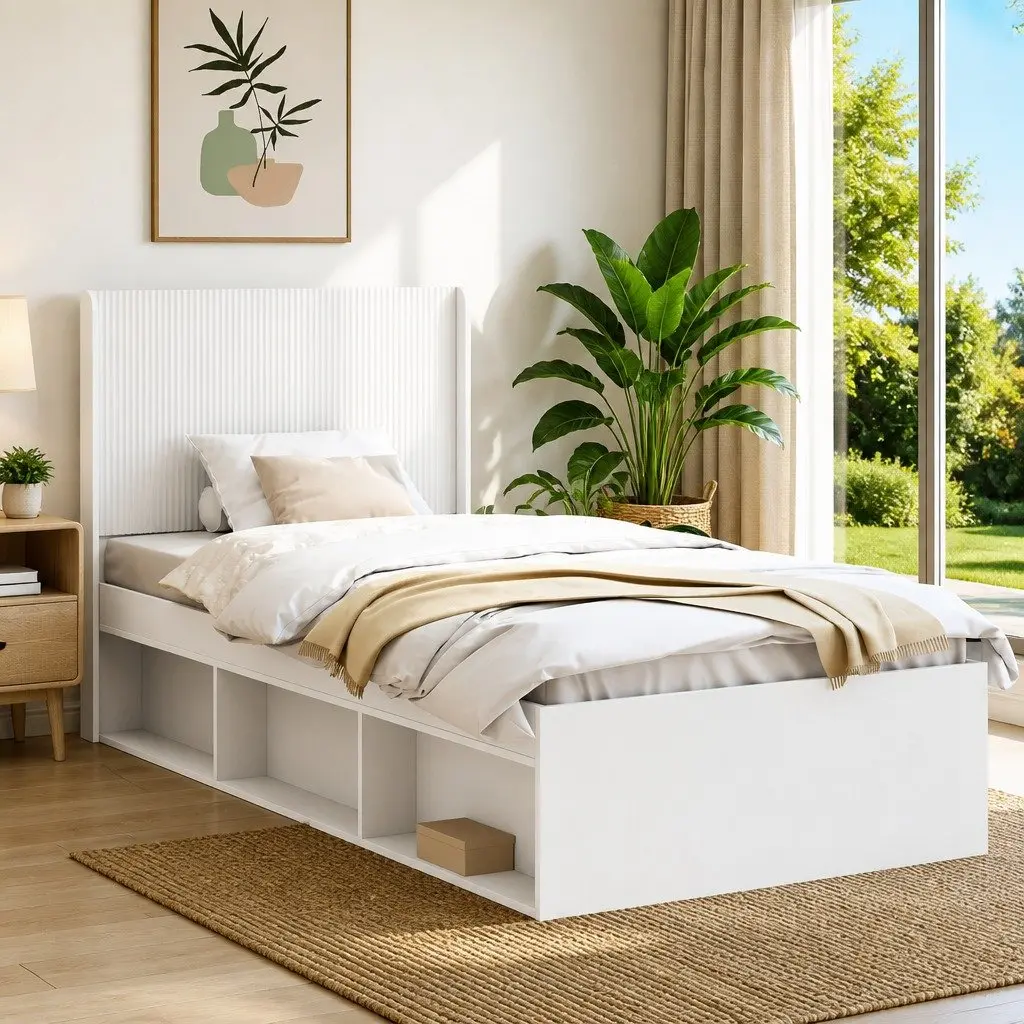 White Vertical Slat Engineered Wood Headboard for Beds