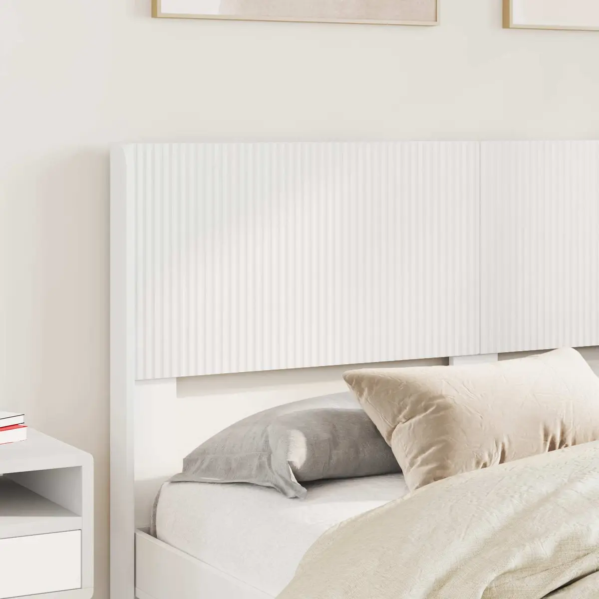 White Headboard Vertical Slat Design Engineered Wood Bed Frame Mount Bedroom