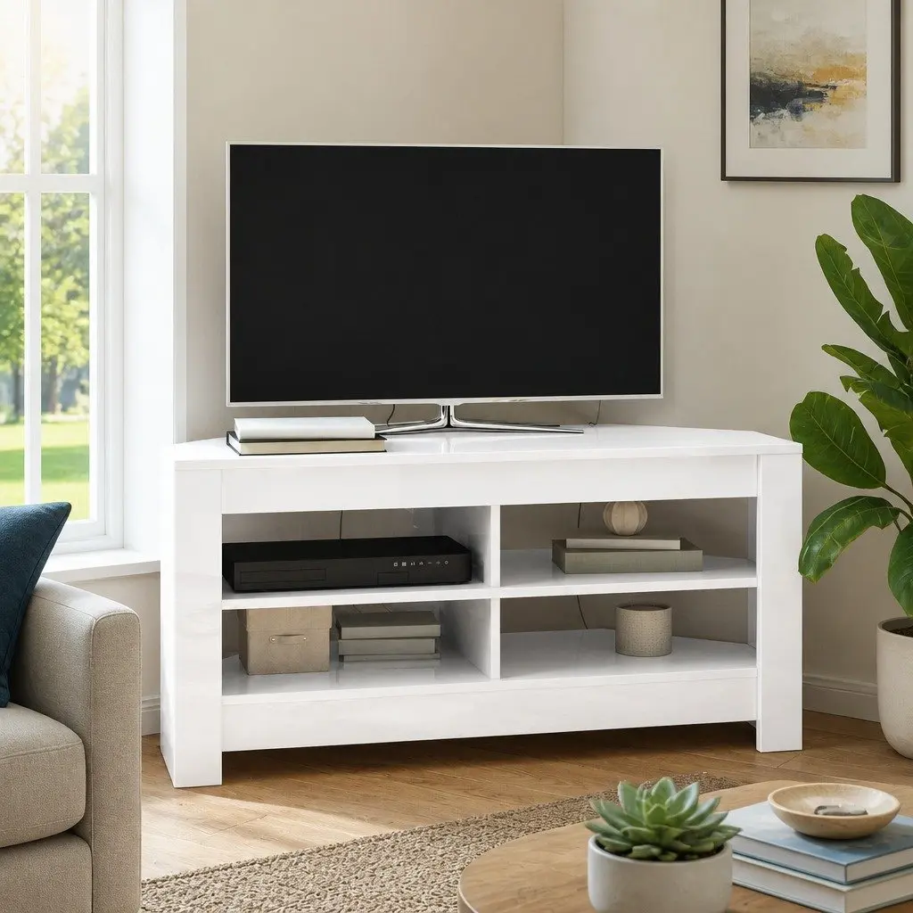 Corner TV Cabinet High Gloss White Modern Living Room Media Unit Storage Shelves