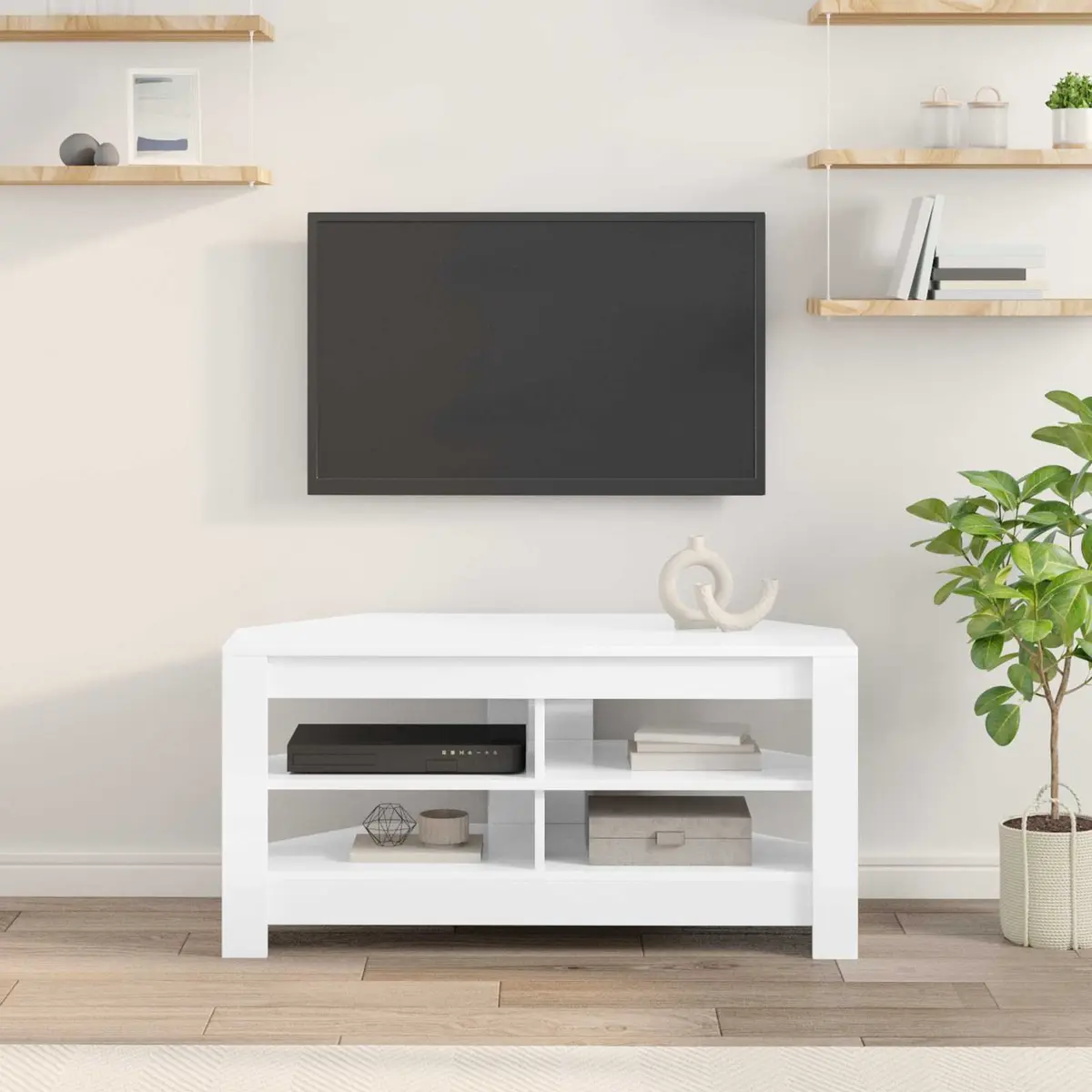 Corner TV Cabinet High Gloss White Modern Living Room Media Unit Storage Shelves