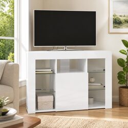 Modern Corner LED TV Cabinet in High Gloss White