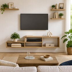 Brown Engineered Wood Wall TV Stand with Shelves