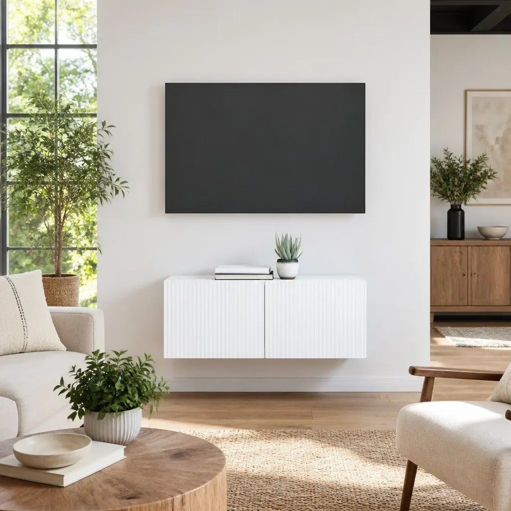 White Modern TV Wall Cabinet 2-Piece Set for Living Rooms
