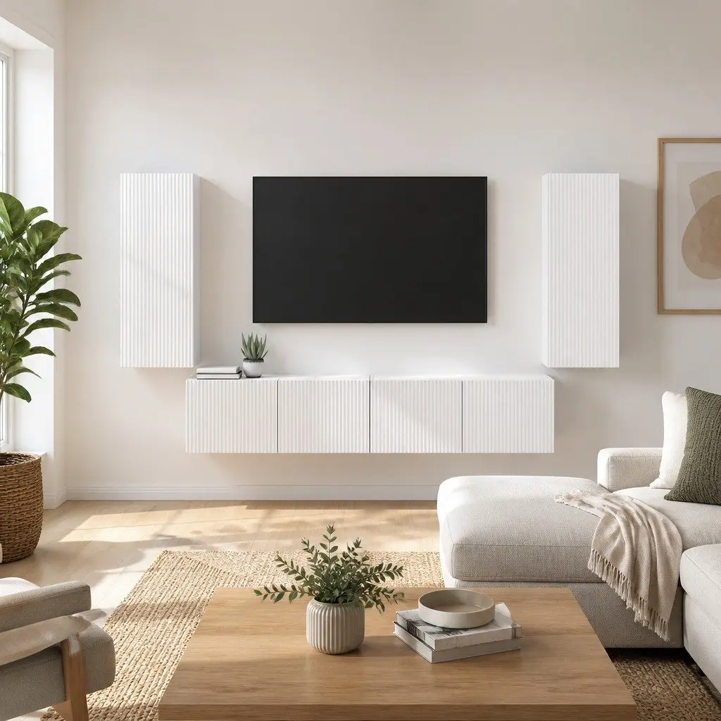 White Modern TV Wall Cabinet Set for Living Room