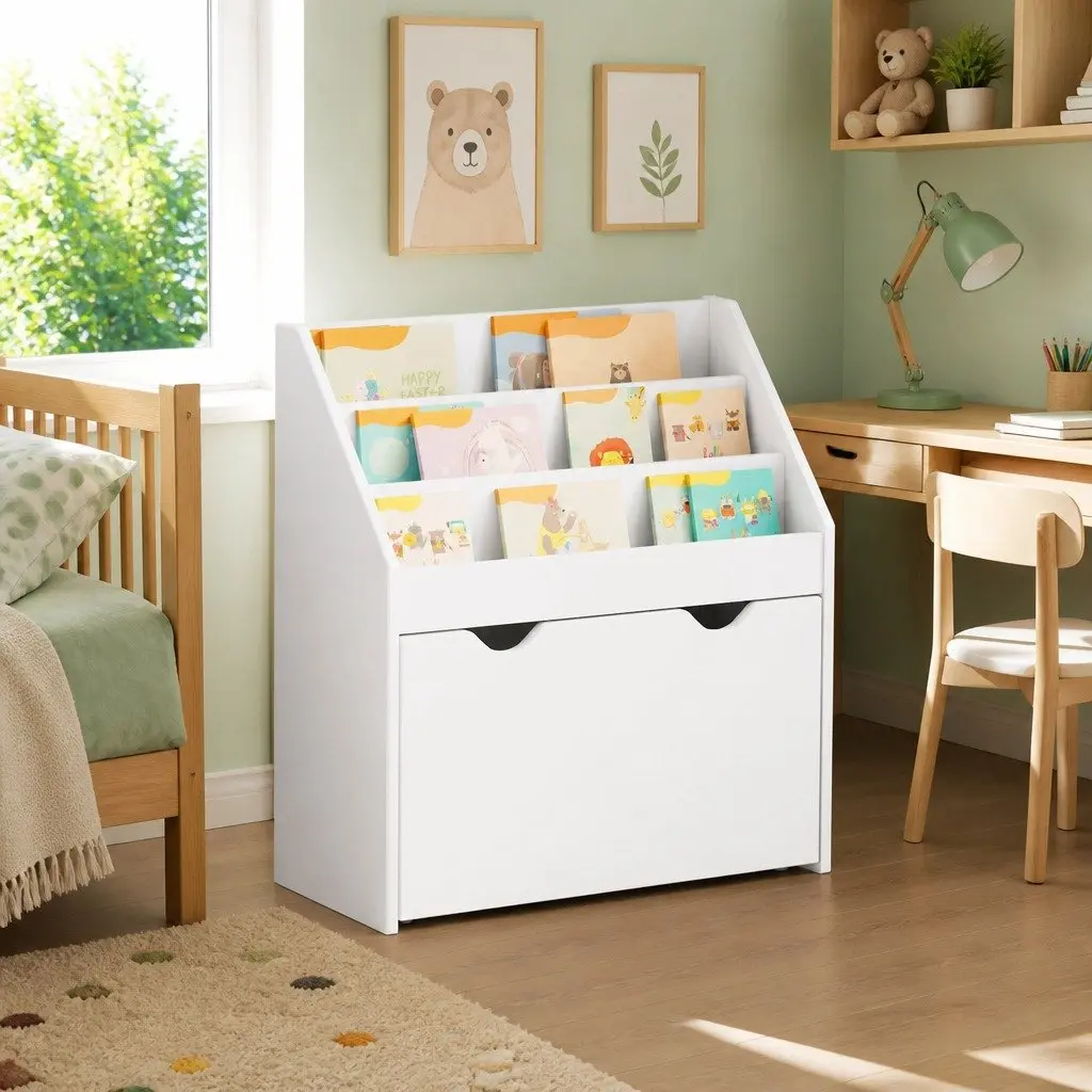 Kids Bookshelf White Free-standing Storage Cabinet Shelves Drawers 60 x 29.5 x 69 cm Engineered Wood