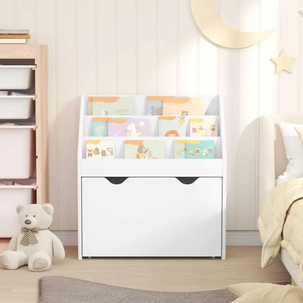 Kids Bookshelf White Free-standing Storage Cabinet Shelves Drawers 60 x 29.5 x 69 cm Engineered Wood