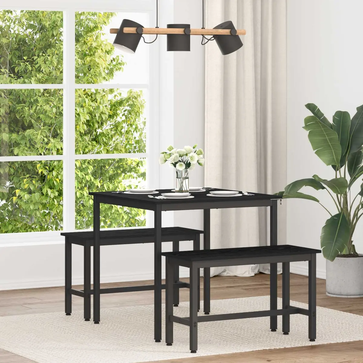 Dining Table Black Metal Frame 80x80x75cm Engineered Wood
