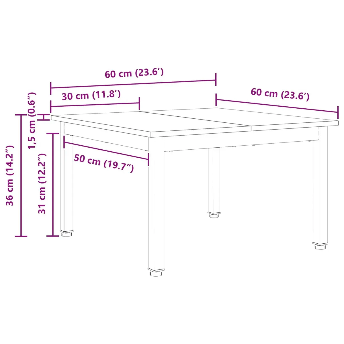 Square Coffee Table in Solid Pine Wood 60 x 60 x 36 cm