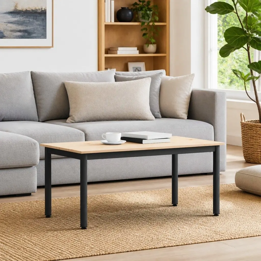 Solid Pine Wood Coffee Table with Metal Legs