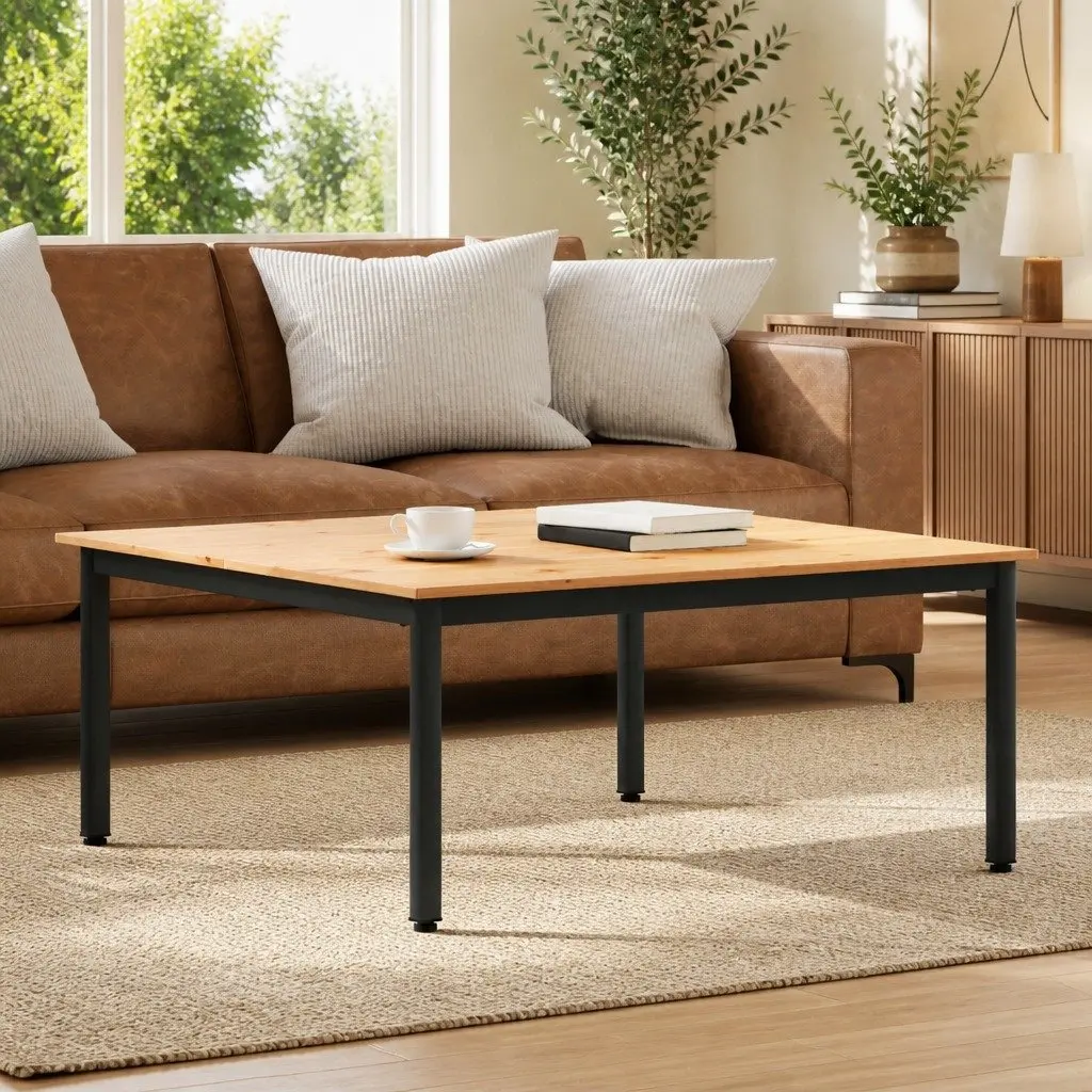 Square Coffee Table with Solid Pine Top and Metal Legs