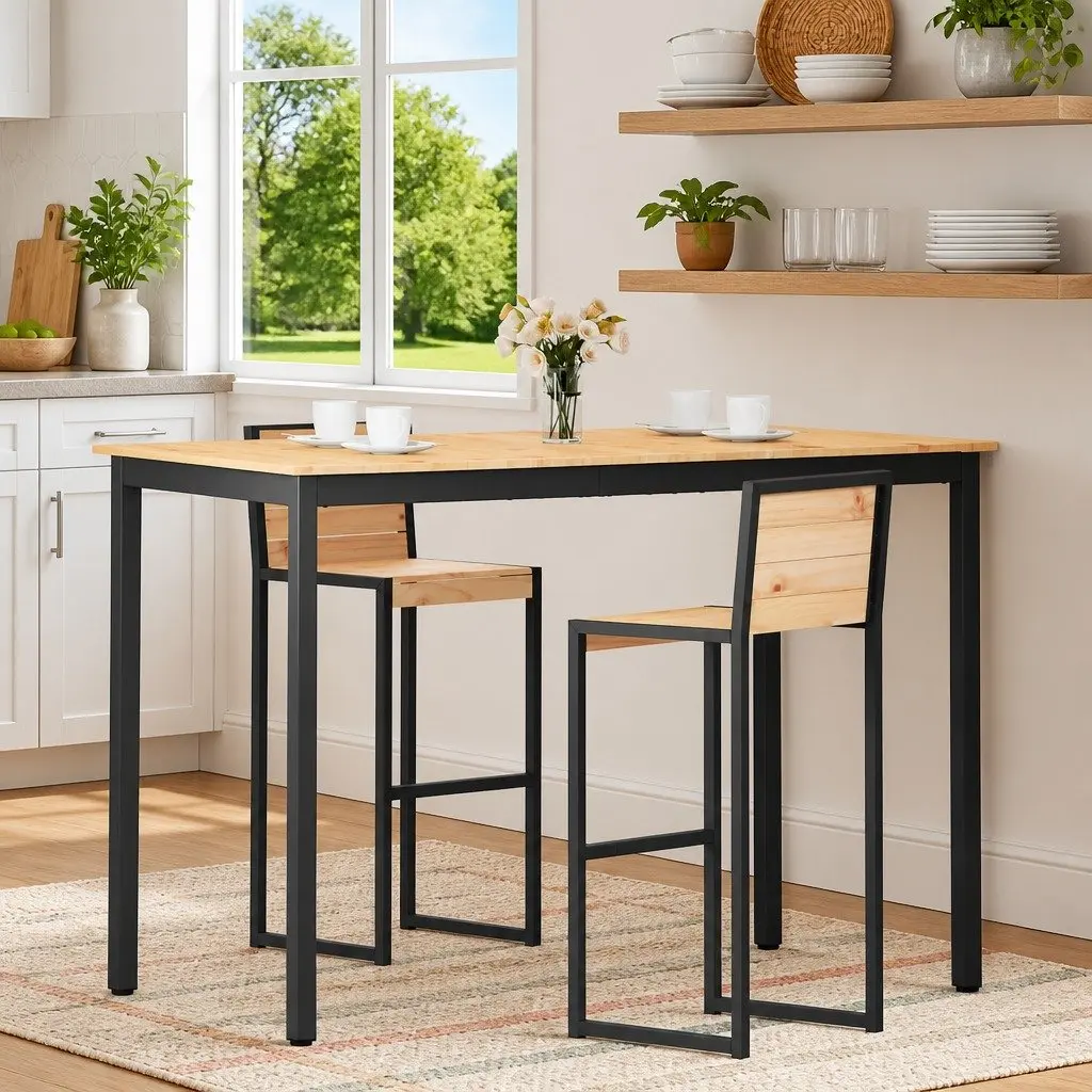 Bar Table Solid Pine Wood Natural Finish 150x80x105cm Metal Legs