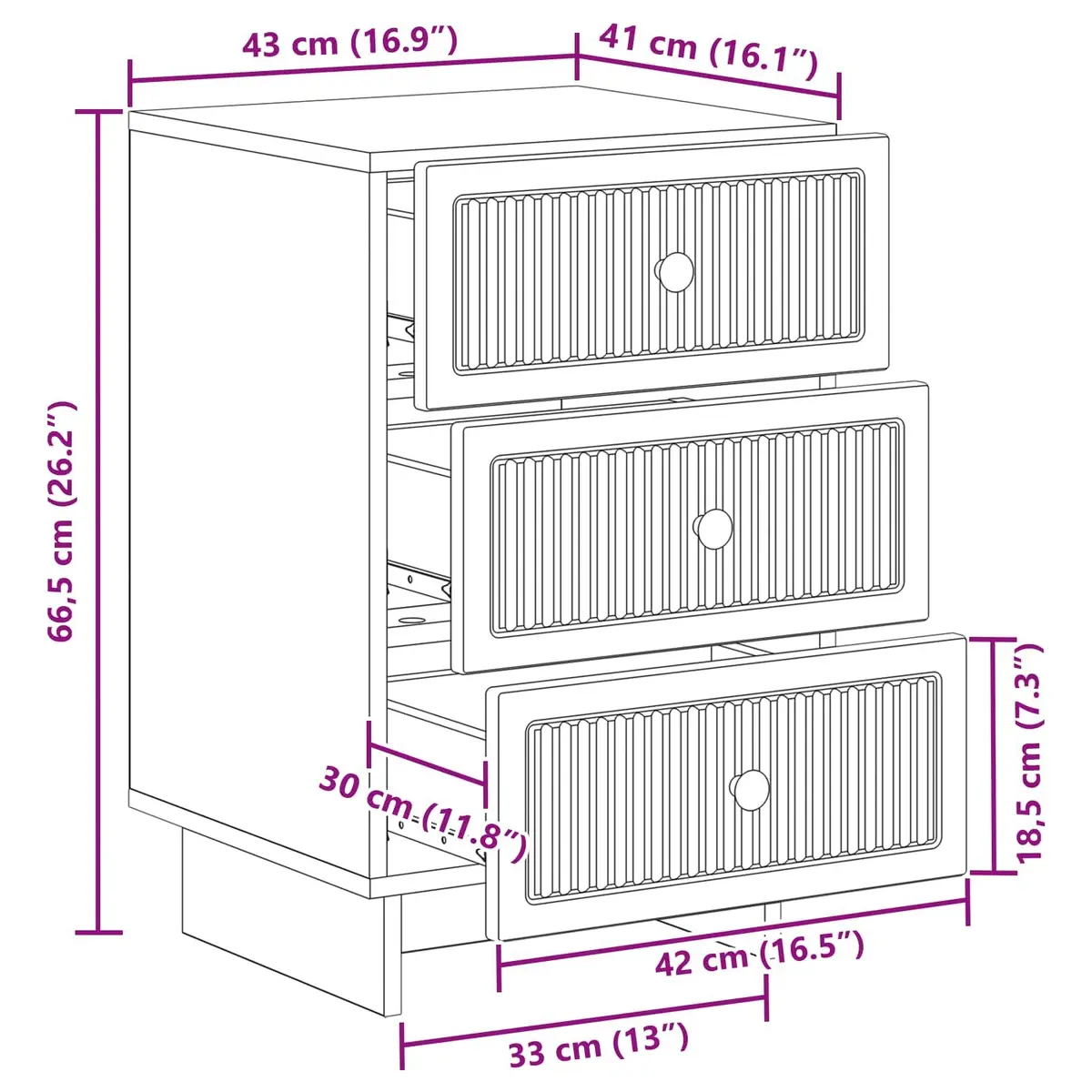 White Bedside Cabinet with Drawers 43x41x66.5cm
