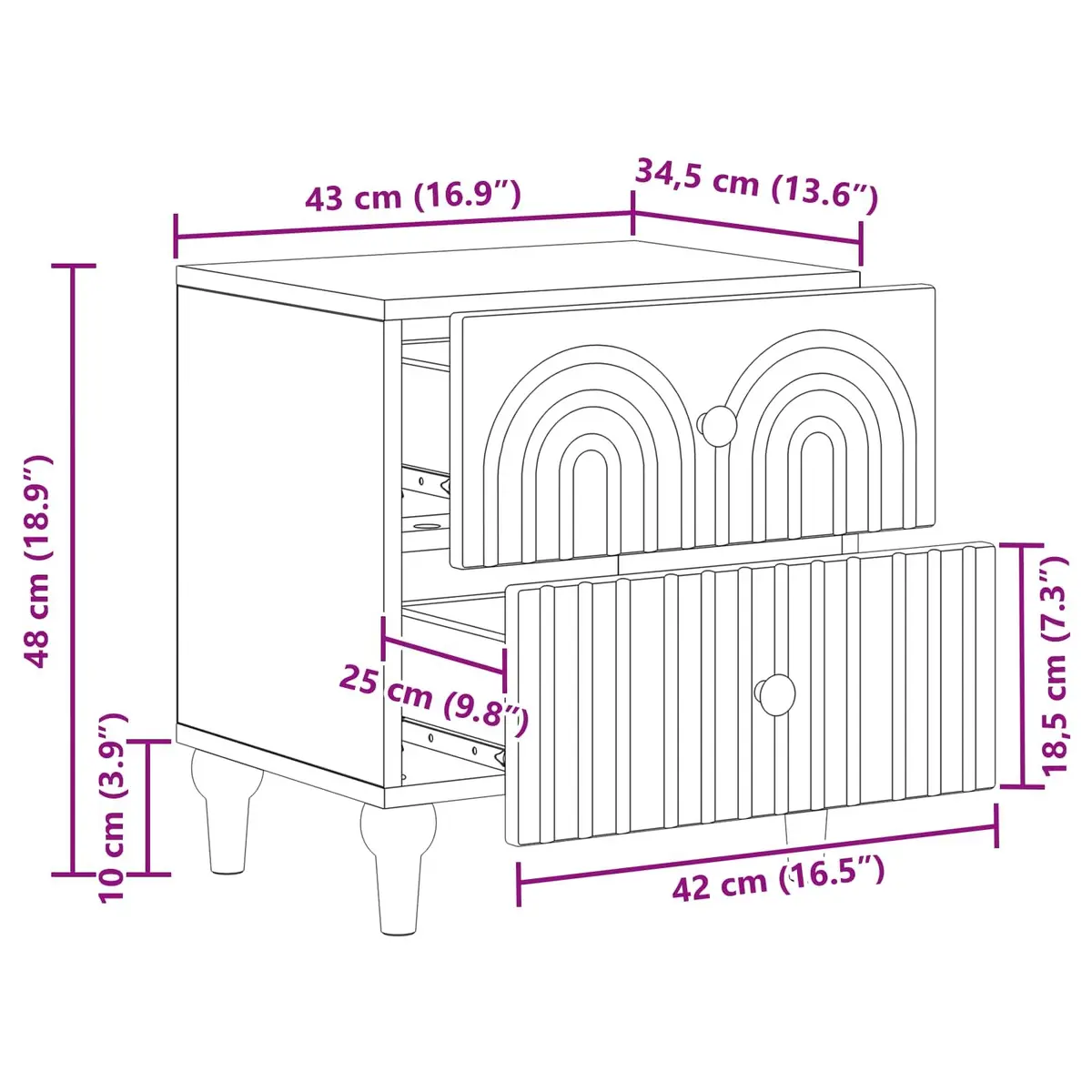 White Bedside Cabinet with Storage Drawers 43 x 34.5 x 48 cm
