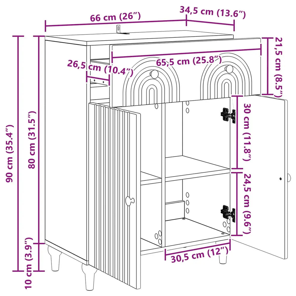 White Sideboard Cabinet for Storage 66x34.5x90cm