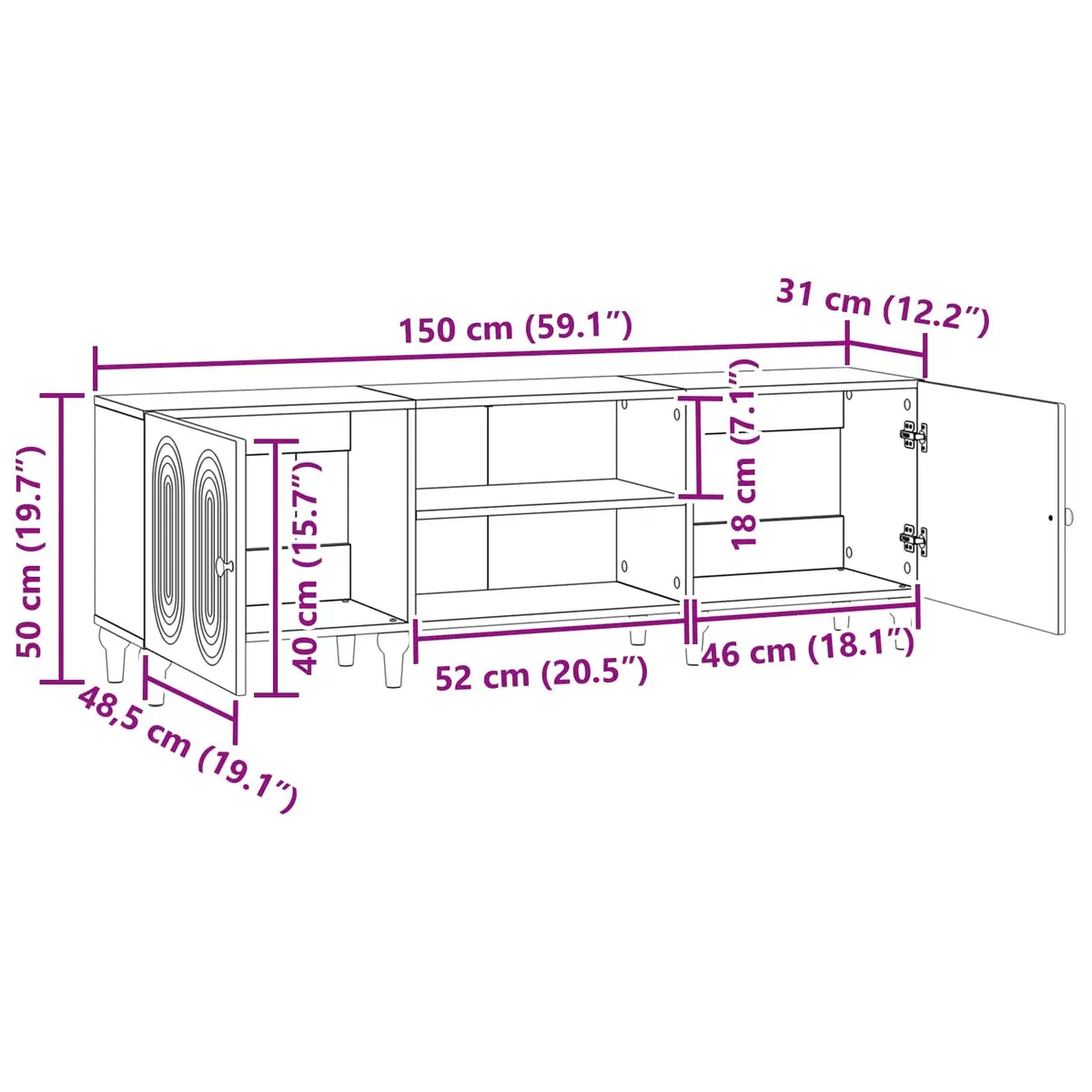 TV Cabinet White Modern Storage Unit 150 x 31 x 50 cm Engineered Wood