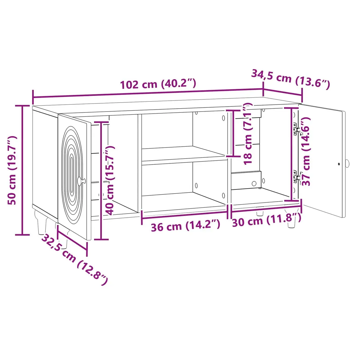 TV Cabinet White 102x34.5x50cm Modern Engineered Wood Media Storage Unit