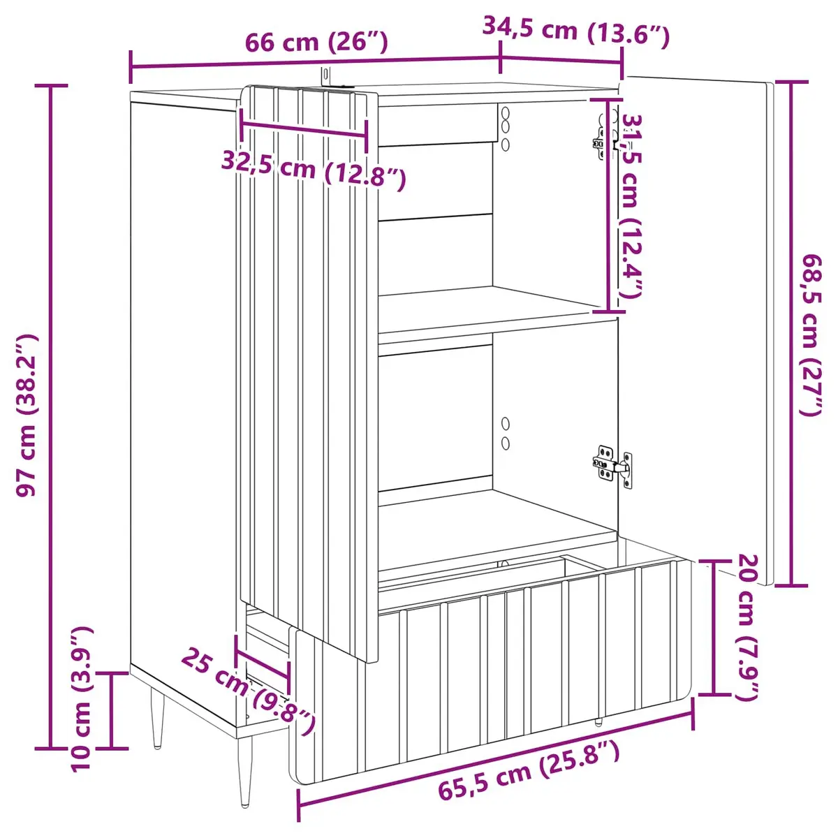 White Sideboard Storage Cabinet 66x34.5x97cm