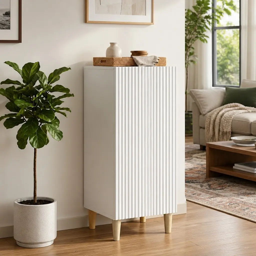 Modern White Sideboard Storage Cabinet with Tapered Legs Board Shelves Indoor