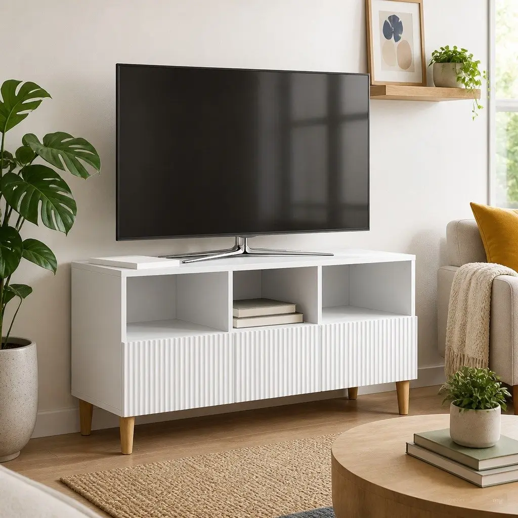 White Modern Engineered Wood TV Cabinet with Drawer