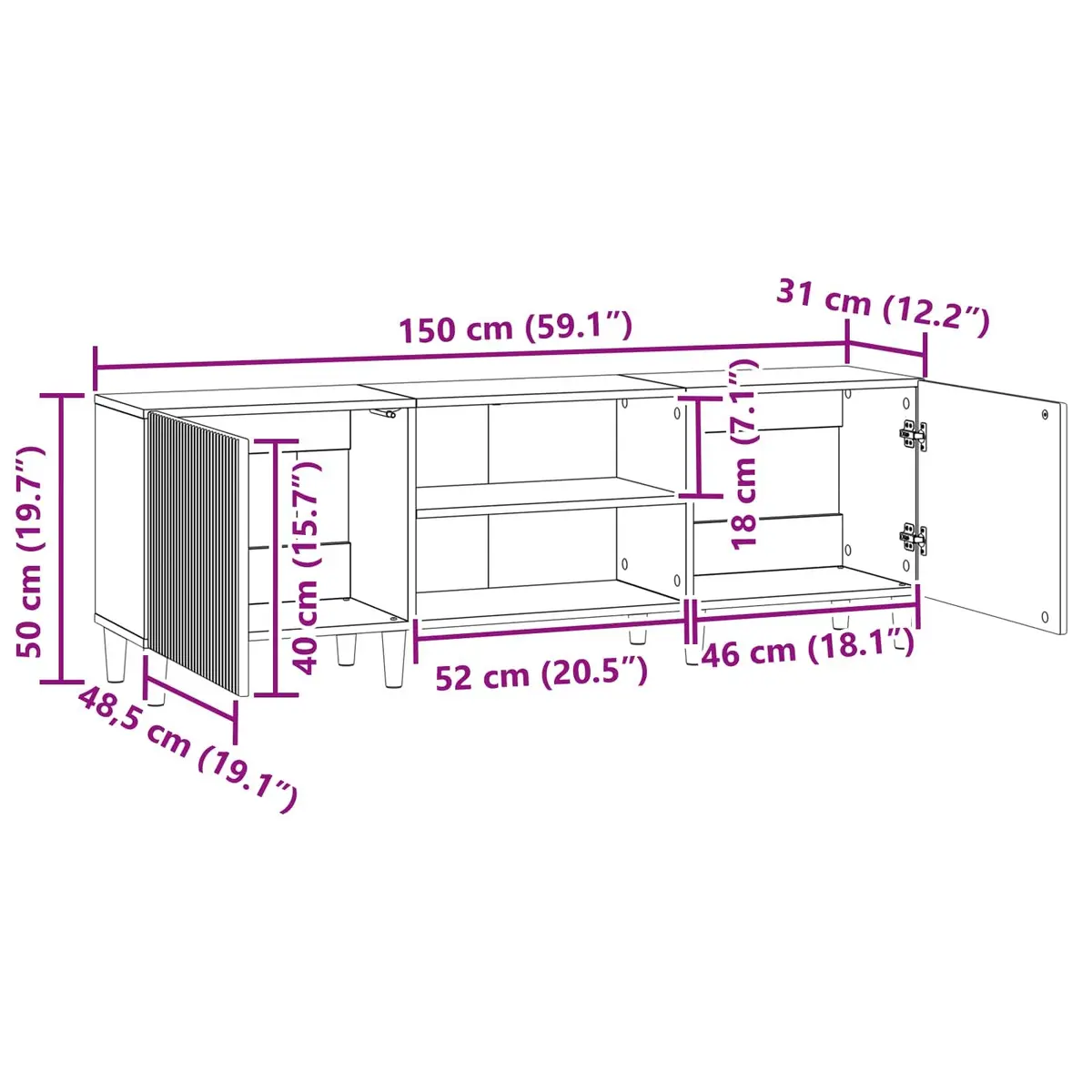 TV Cabinet White 150cm Modern Engineered Wood Storage Unit Board Shelves Swing Doors