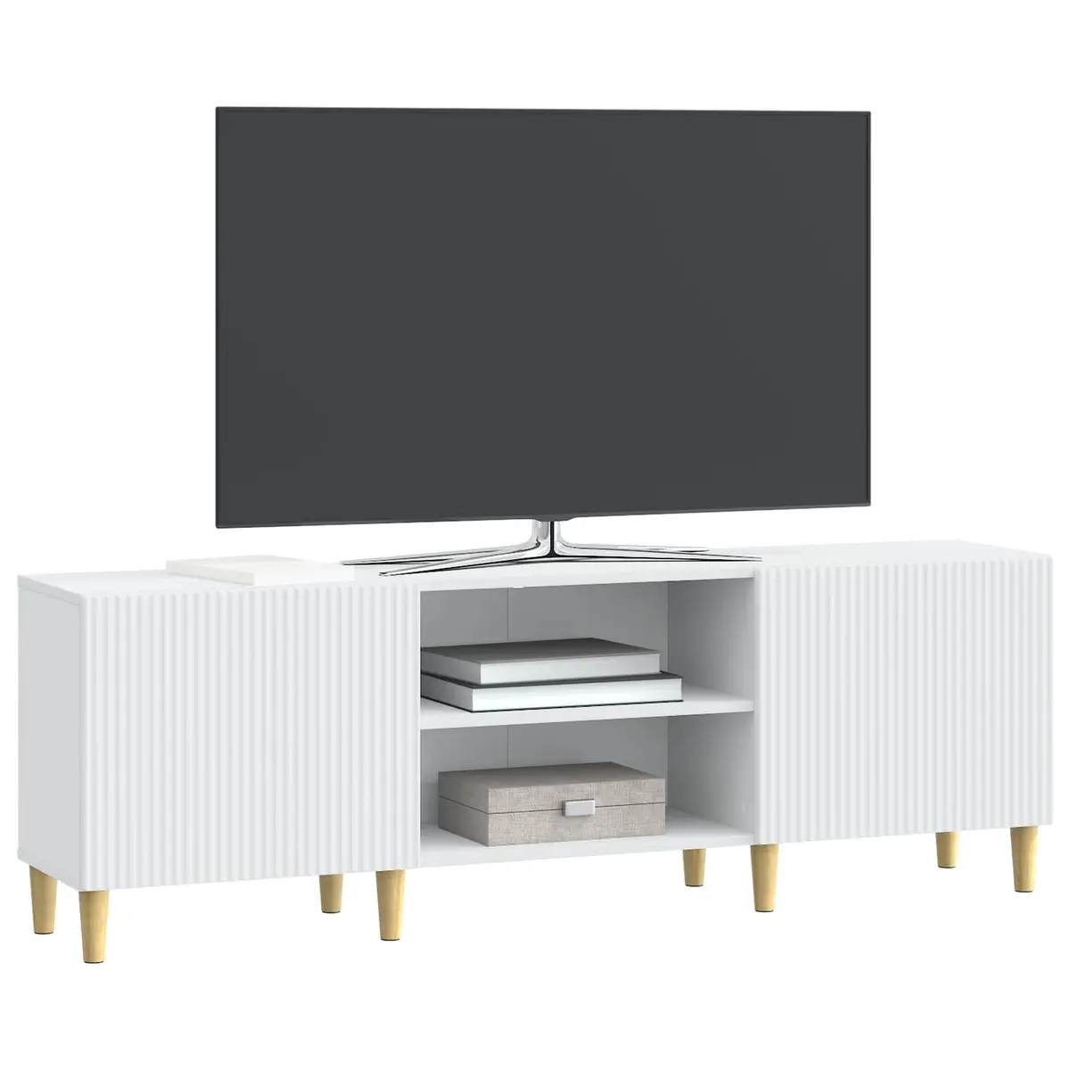 TV Cabinet White 150cm Modern Engineered Wood Storage Unit Board Shelves Swing Doors