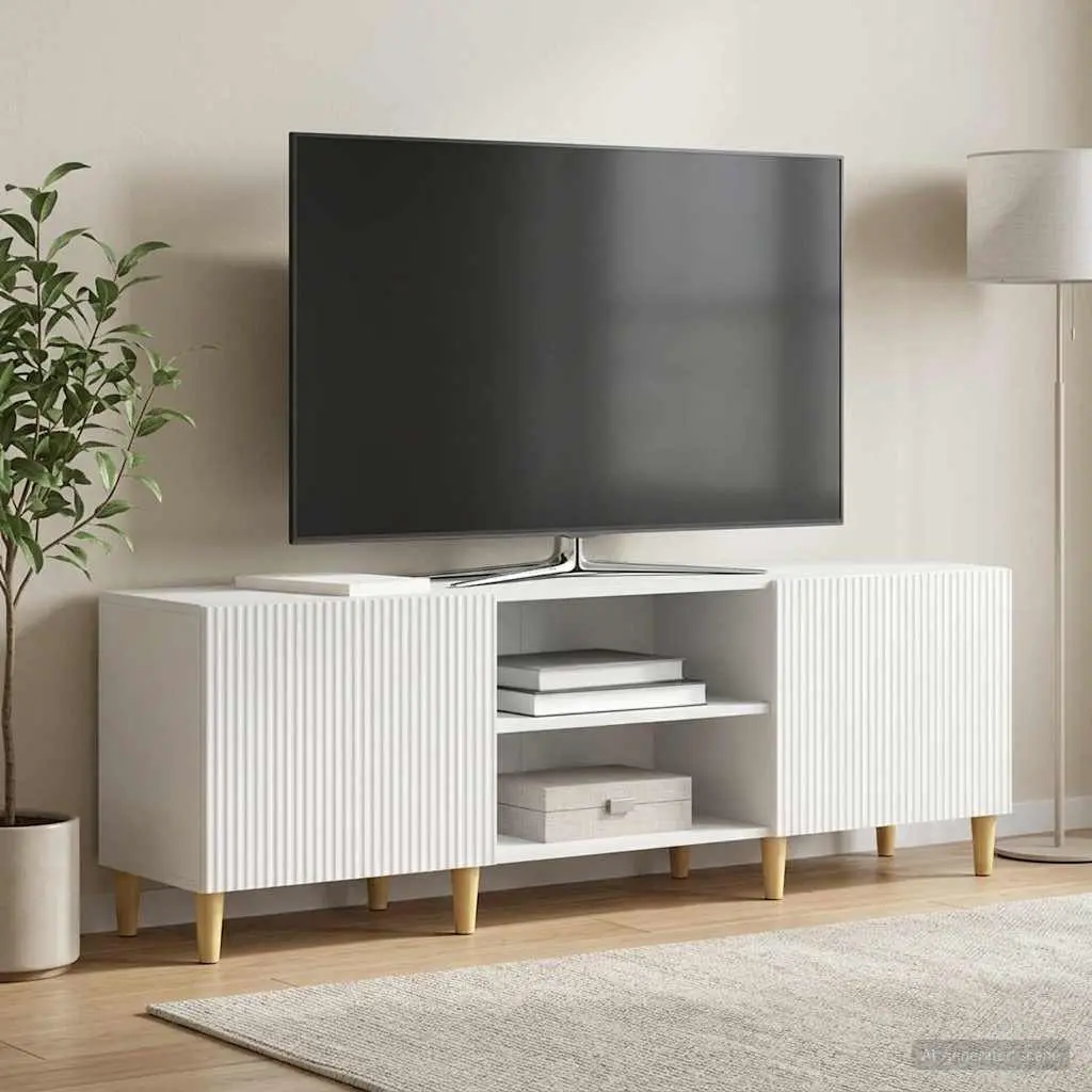 TV Cabinet White 150cm Modern Engineered Wood Storage Unit Board Shelves Swing Doors
