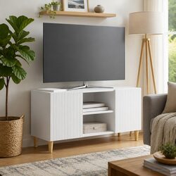 White Modern TV Cabinet for Living Room with Swing Doors