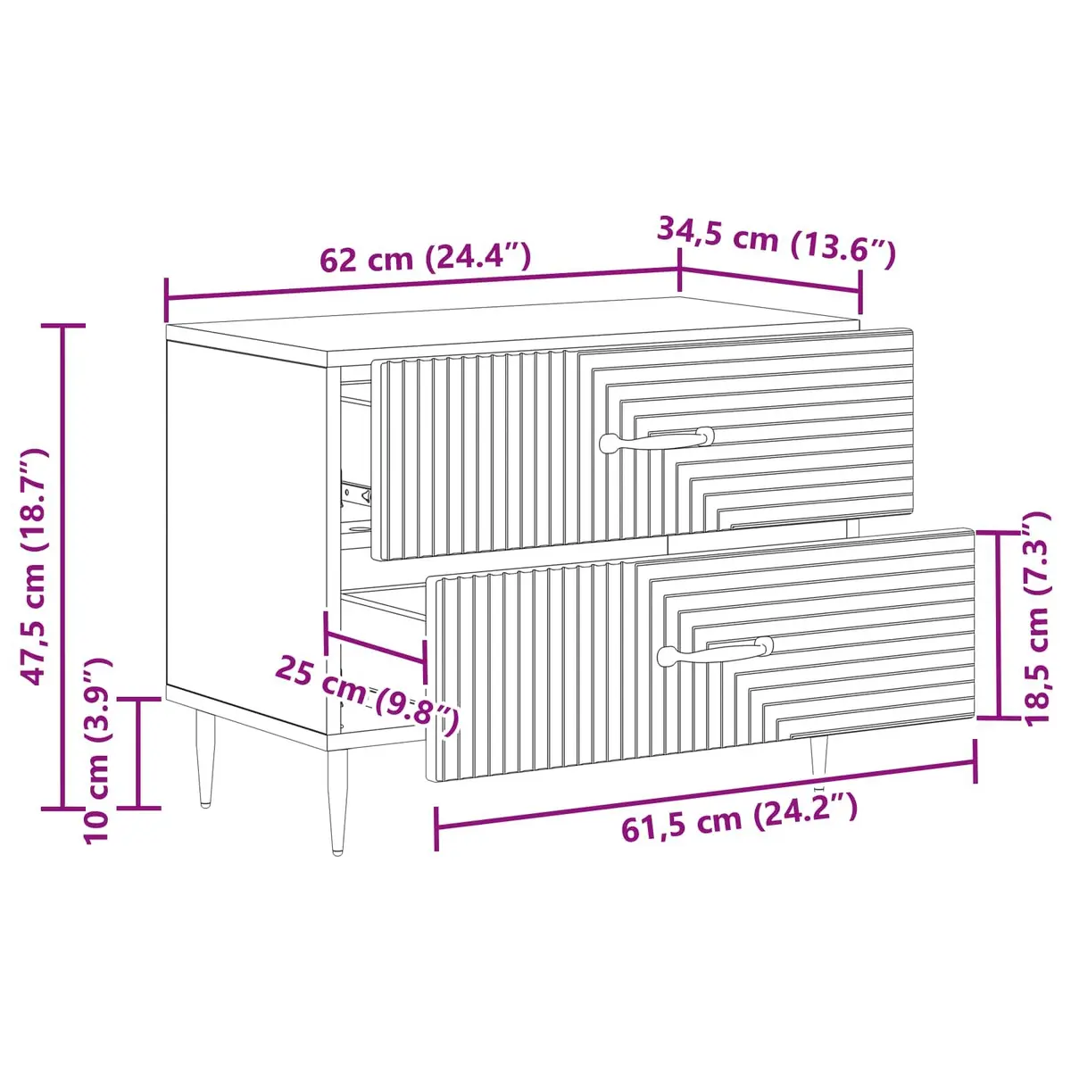 Bedside Cabinet White 62 x 34.5 x 47.5 cm Engineered Wood Black Metal Legs Drawers Storage