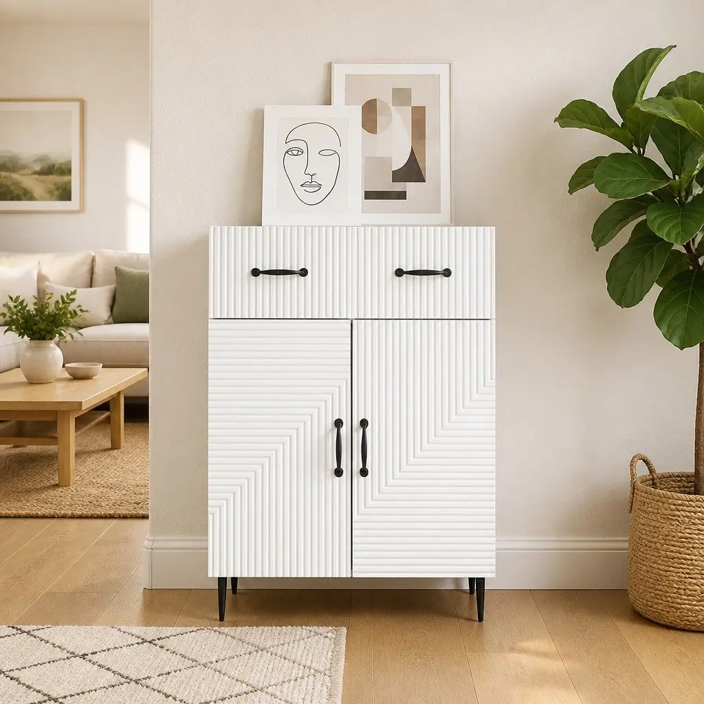 Sideboard White 66 x 34.5 x 89.5 cm Engineered Wood with Metal Legs Modern Storage Cabinet for Living Dining Room