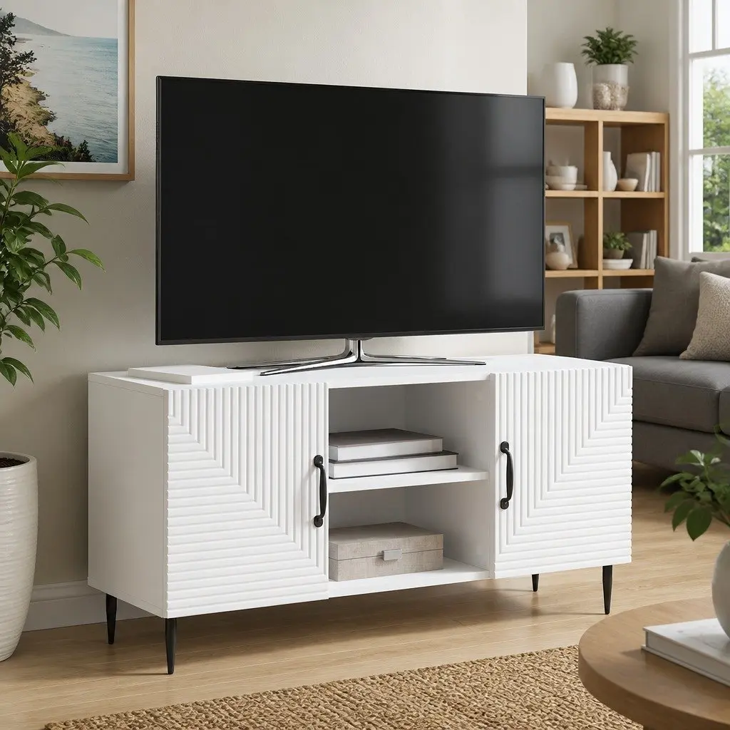 TV Cabinet White Vintage Style Living Room Storage Unit 102x34.5x50cm