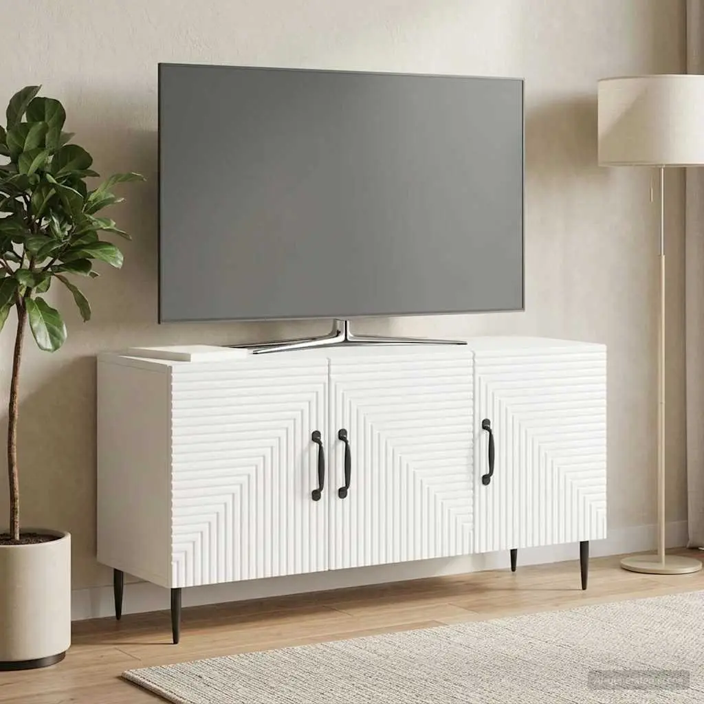 White TV Cabinet Low-Profile Entertainment Unit Storage Engineered Wood 99cm