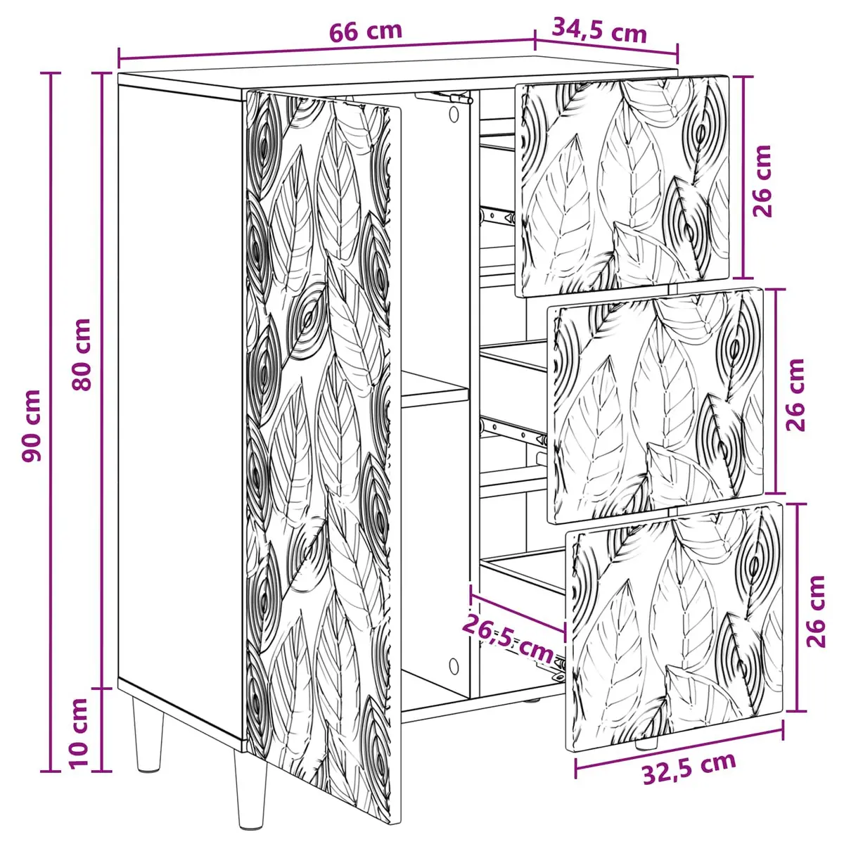 White Sideboard Storage Cabinet 66x34.5x90cm
