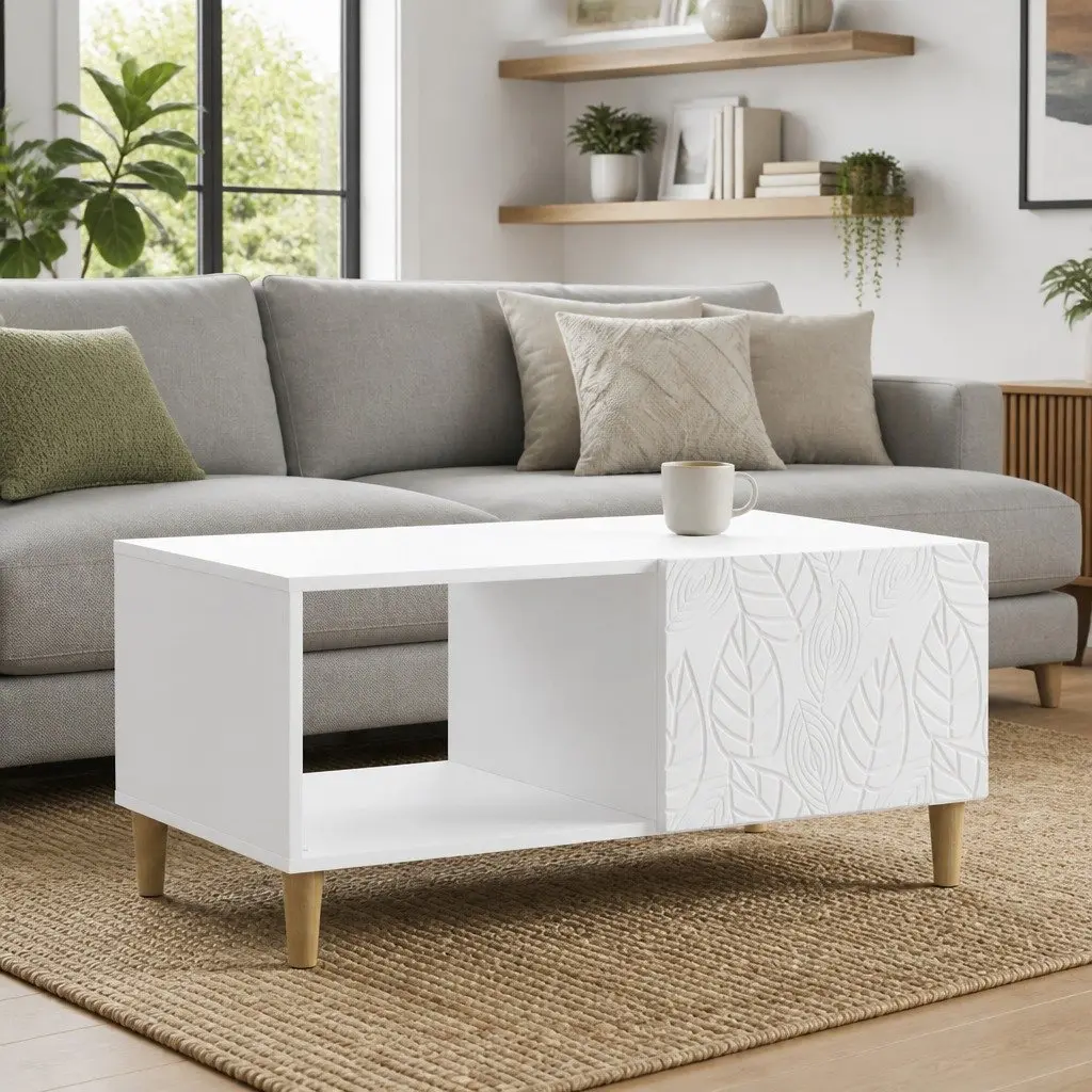 Rectangular White Coffee Table with Storage Shelf