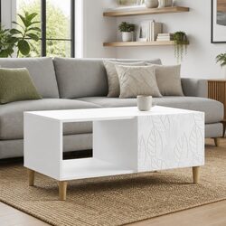 Rectangular White Coffee Table with Storage Shelf