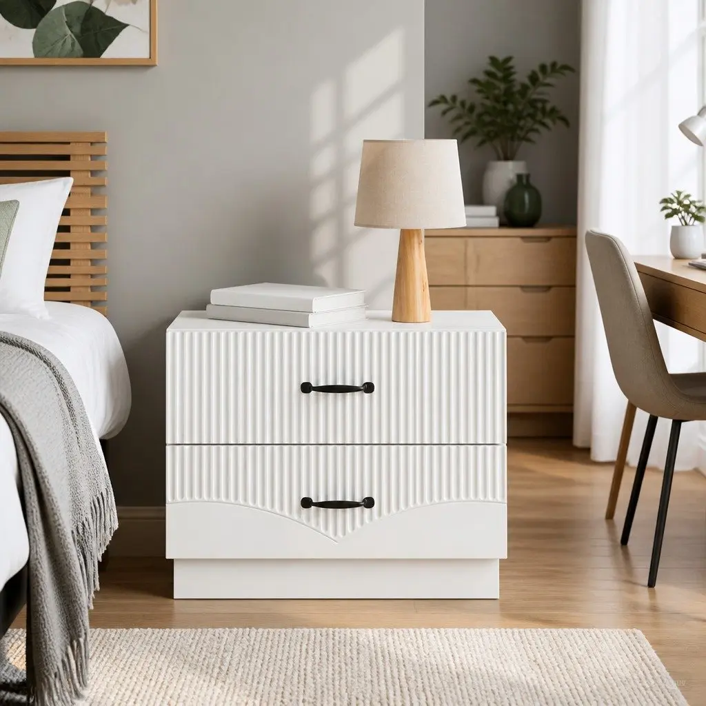 White Nightstand Engineered Wood Compact Bedside Cabinet Modern Style Storage Drawers