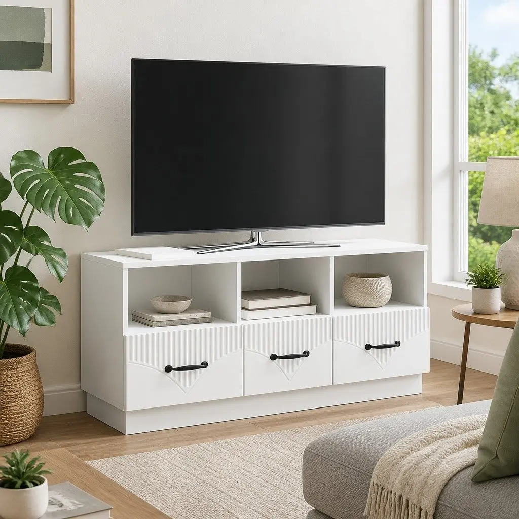 TV Cabinet White Engineered Wood Storage Unit with Drawer