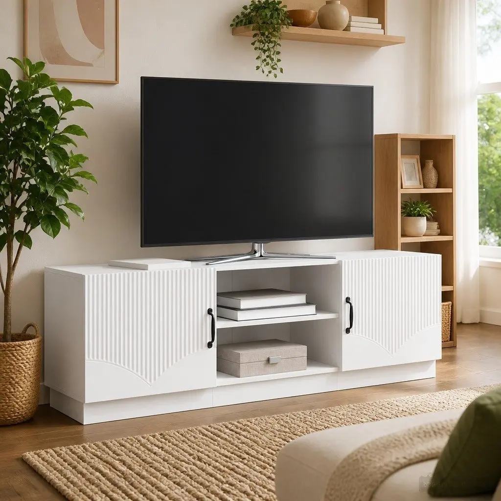 White TV Cabinet 150cm with LED Lighting