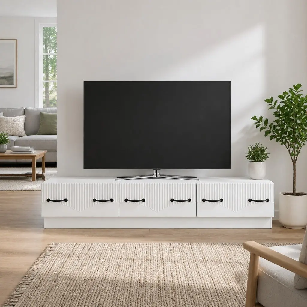 White TV Cabinet with Storage Shelves and Drawer