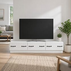 White TV Cabinet with Storage Shelves and Drawer