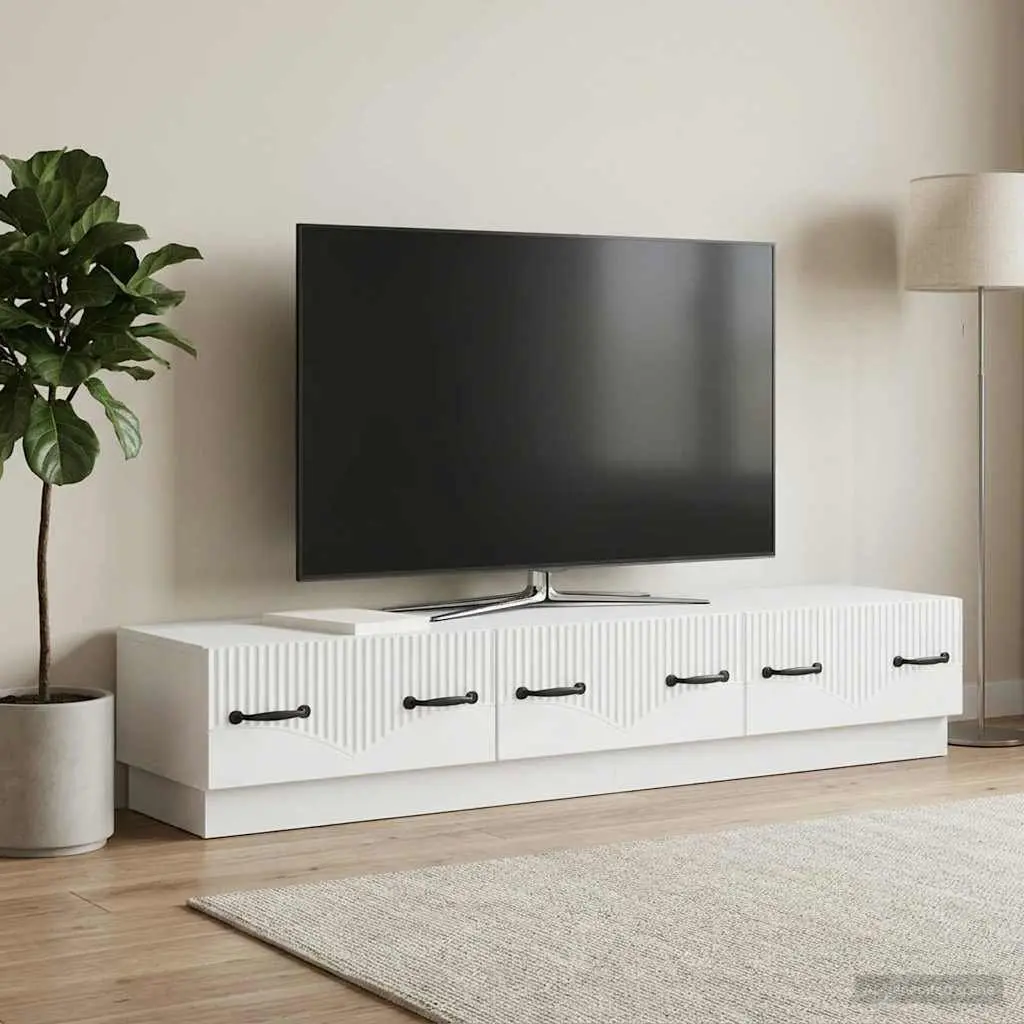 White TV Cabinet with Storage Shelves and Drawer